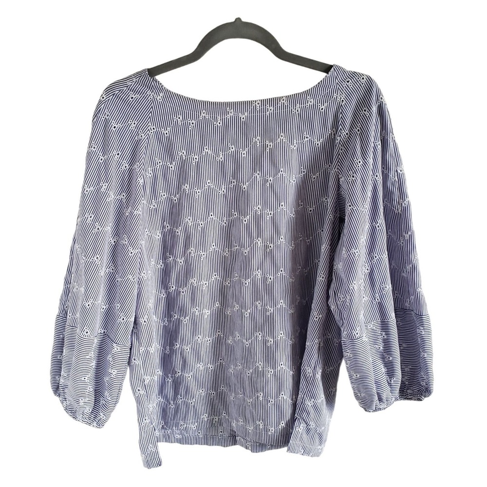 Loft Women Size M Blue Stripe Eyelet Blouse Long Puffed Sleeve Button Up Back